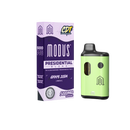 A box labeled "Modus Presidential Blend Disposable | 5g" stands next to a green vape device. The box reads "5000 MG THC-A Liquid Diamonds" and "5000MG / Disposable." The device features a black top and a transparent window.