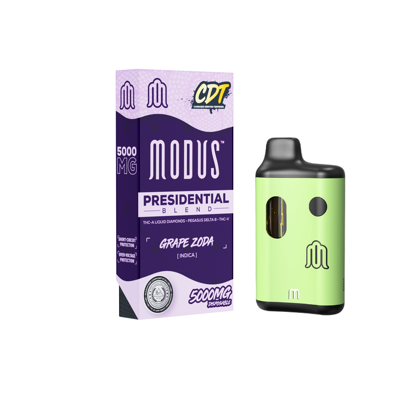 A box labeled "Modus Presidential Blend Disposable | 5g" stands next to a green vape device. The box reads "5000 MG THC-A Liquid Diamonds" and "5000MG / Disposable." The device features a black top and a transparent window.