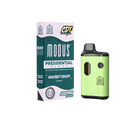 Image showing a box labeled "Modus Presidential Blend Disposable | 5g" next to a green and black disposable vape pen featuring THC-A Liquid Diamonds.