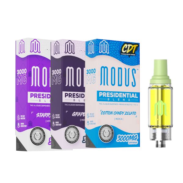 Three Modus Presidential Blend Cartridge | 3g boxes labeled "Starburst," "Grape Gobstopper," and "Cotton Candy Gelato," each containing 3000mg THC distillate, alongside one clear vape cartridge with yellow liquid, compatible with 510 vape batteries.