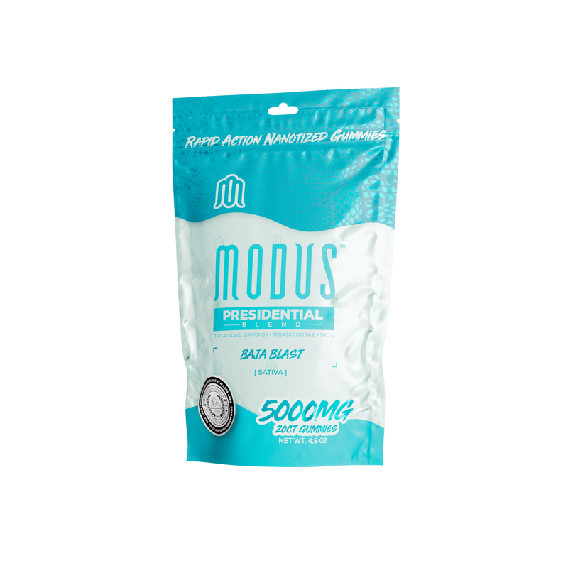 Bright turquoise and white packaging of "Modus Presidential Blend Gummies | 5000mg" labeled "Baja Blast Sativa," containing 5000mg THC in 20ct Rapid Action Gummies, weighing 4.8oz.