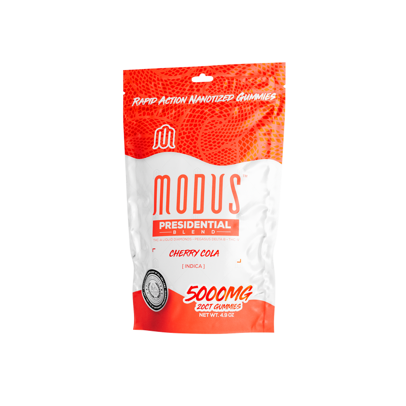 A red and white pouch of Modus Presidential Blend Gummies | 5000mg cherry cola-flavored gummies. The packaging highlights 5000mg, 20 Modus Presidential Gummies, and mentions rapid action nanoized gummies with detailed THC content for a swift, potent experience.