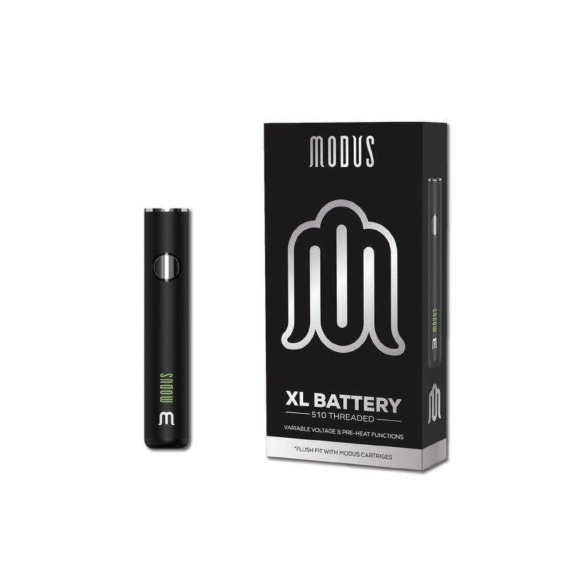 A black Modus XL Vape Battery with 510 threading, showcasing its variable voltage and pre-heat functions, is displayed beside its packaging.