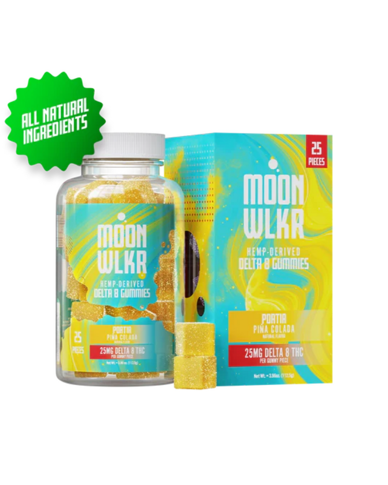 A jar and box of Moonwlkr Delta 8 Gummies in piña colada flavor, labeled with "25mg Delta 8 THC" and featuring an "All Natural Ingredients" badge.