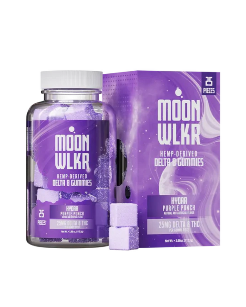 Moonwlkr Delta 8 Gummies, branded as Moonwlkr's "Hydra Purple Punch," showcase a vivid purple and white design. Each gummy contains 25mg of Delta 8 THC, with a total of 25 pieces per bottle for your pleasure.