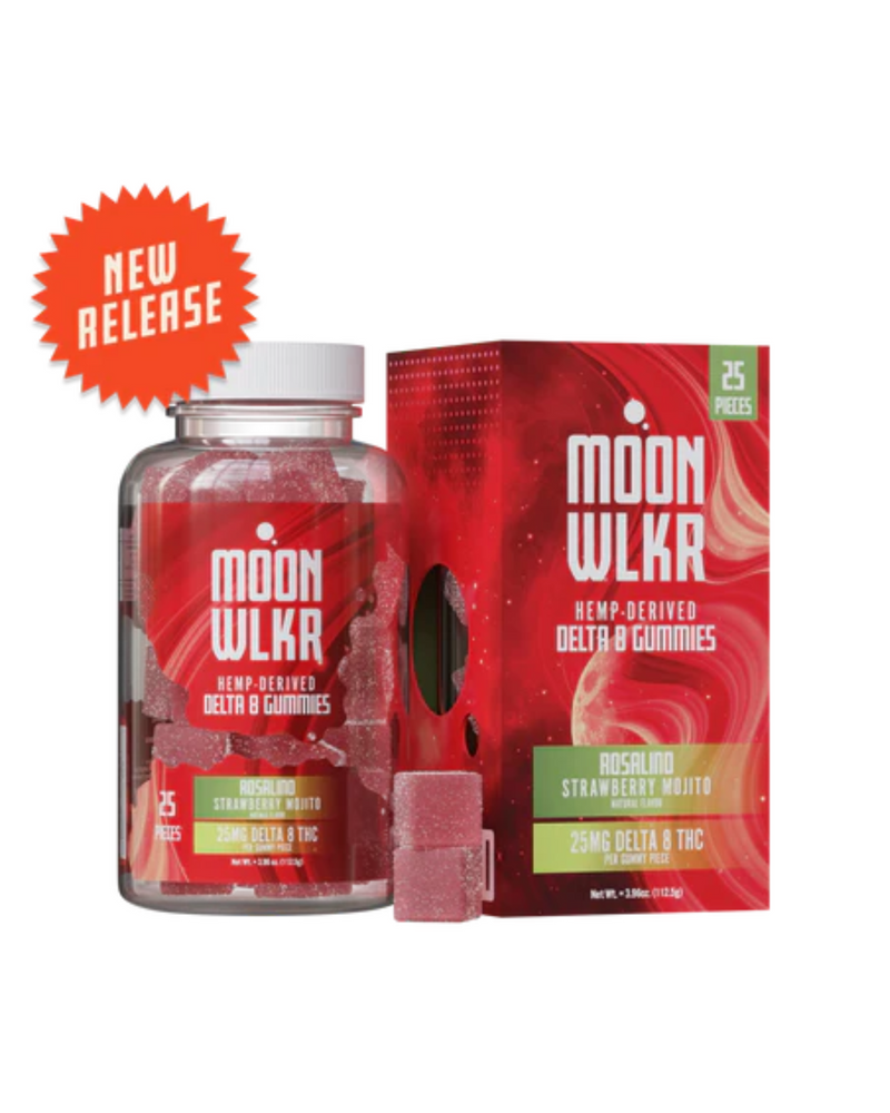 Try Moonwlkr's new release of Delta 8 Gummies in Rosalino Strawberry Mojito. Each gummy delivers 25mg of hemp goodness, with a jar and box containing 25 tasty pieces.