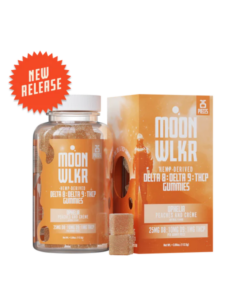 A bottle and box of Moonwlkr THC-P Blend Gummies in "Uphelia Peaches and Crème" flavor, each containing hemp-derived Delta 8 and Delta 9. The product has 25 pieces at 25mg each with a "new release" badge on the top left corner.