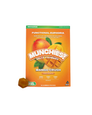 A package of Delta Munchies Munchies Euphoria Delta 9 Gummies in Mango Crush flavor with one gummy in front. Each of the 30 gummies contains 10mg THC, 10mg CBD, and 10mg CBG; made from US-grown hemp and Farm Bill compliant.