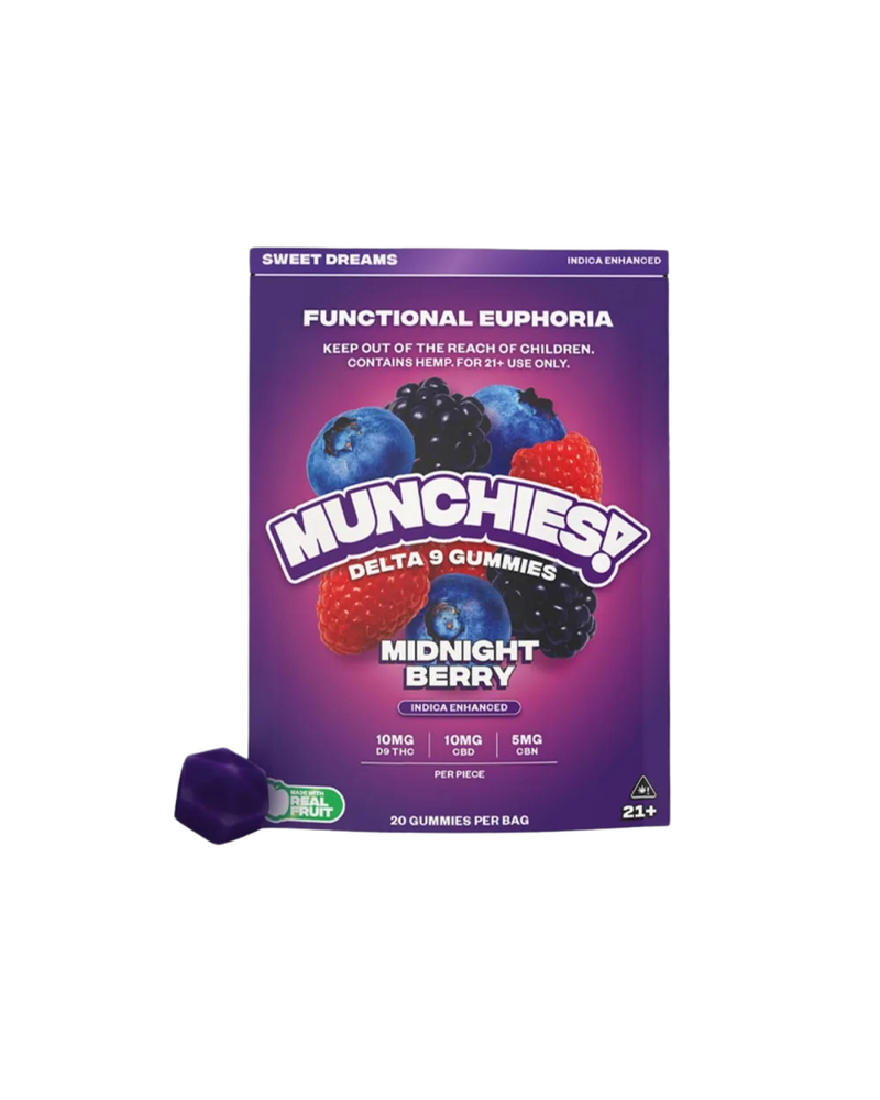 A purple bag labeled "Delta Munchies Munchies Euphoria Delta 9 Gummies" shows berries and a purple gummy. The text notes 30 gummies per bag, ages 21+, Farm Bill Compliant, and made with US-grown hemp.