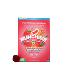 A red package labeled "Delta Munchies Euphoria Delta 9 Gummies," featuring a strawberry image, dosage info, and one gummy in front. Contains US-grown hemp and is Farm Bill compliant. For ages 21+.