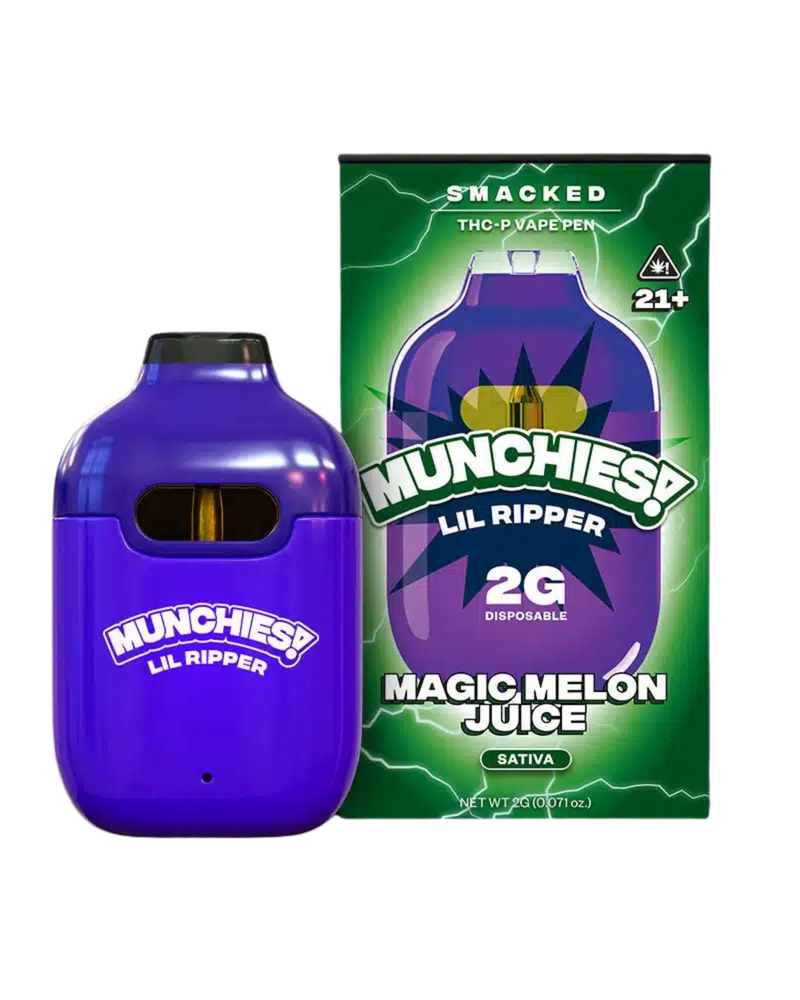 The Delta Munchies Lil Ripper THCP Smacked Vape, a 2g disposable, lies next to its vibrant green and purple "Magic Melon Juice" box. This Sativa-dominant vape with terpene flavors is a sensory delight.