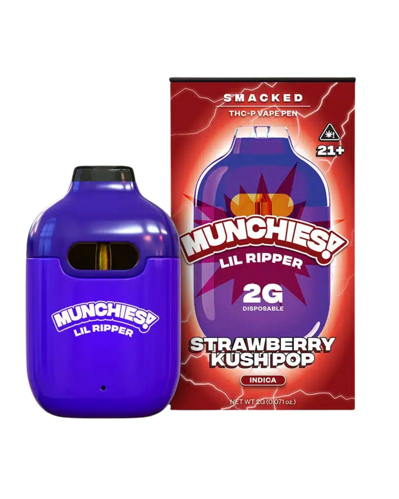 The "Munchies Lil Ripper THCP Smacked Vape" by Delta Munchies, in its vibrant box, offers the enticing flavor of Strawberry Kush Pop. This sleek purple disposable 2g vape pen is ideal for those aged 21+ seeking a flavorful experience with THC-P vape pens.