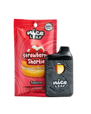 A pack of Nice Leaf Strawberry Shortie gummies elegantly rests next to a sleek black Nice Leaf Delta 8 Disposables 3g vape pen with subtle white wave patterns, creating a harmonious duo perfect for exploring the soothing effects of Delta-8.