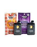 Two Nice Leaf THC-A 3g disposables, packaged in bags labeled Georgia Nana Sativa and Purple Diamond Indica, come with sleek disposable vape pens. Each item features a hemp-derived THCP blend and is elegantly presented against a plain white background.