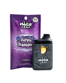The Purple Diamond indica packaging elegantly displays behind a sleek Nice Leaf THC-A Disposables 3g vape cartridge, highlighting our premium hemp-derived THCP for an exceptional experience.