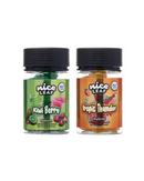 Two jars of Nice Leaf THC-P Gummies 20ct | 3,500mg: Left in green "Kiwi Berry Sativa" and right in orange "Tropic Thunder Hybrid." Both feature delicious tropical fruit flavors with THC and CBD labels for an elevated experience.