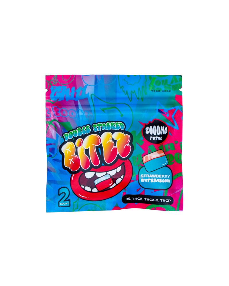 The colorful packaging of "Ocho Extracts Bitez Gummies 2ct | 2000mg" highlights the vibrant "Strawberry Watermelon" flavors with "2000mg total" clearly displayed. A playful cartoon mouth adds a fun touch, while mentions of Delta-9 enhance the experience.