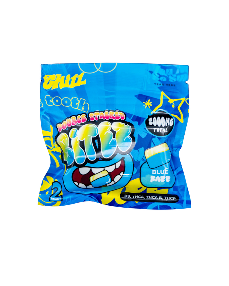 Introducing the Ocho Extracts Bitez Gummies 2ct with a total of 2000mg, offering a fun bubble-shaped design and vibrant blue and yellow packaging adorned with playful cartoon graphics. Infused with Delta-9 for an enhanced experience.