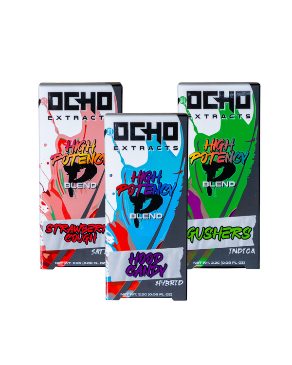 Three colorful Ocho Extracts P Blend High Potency Disposable vape cartridges (2.2g each) offer a flavorful journey, featuring Delta-8 THC in Strawberry Cough (sativa), Hood Candy (hybrid), and Gushers (indica).