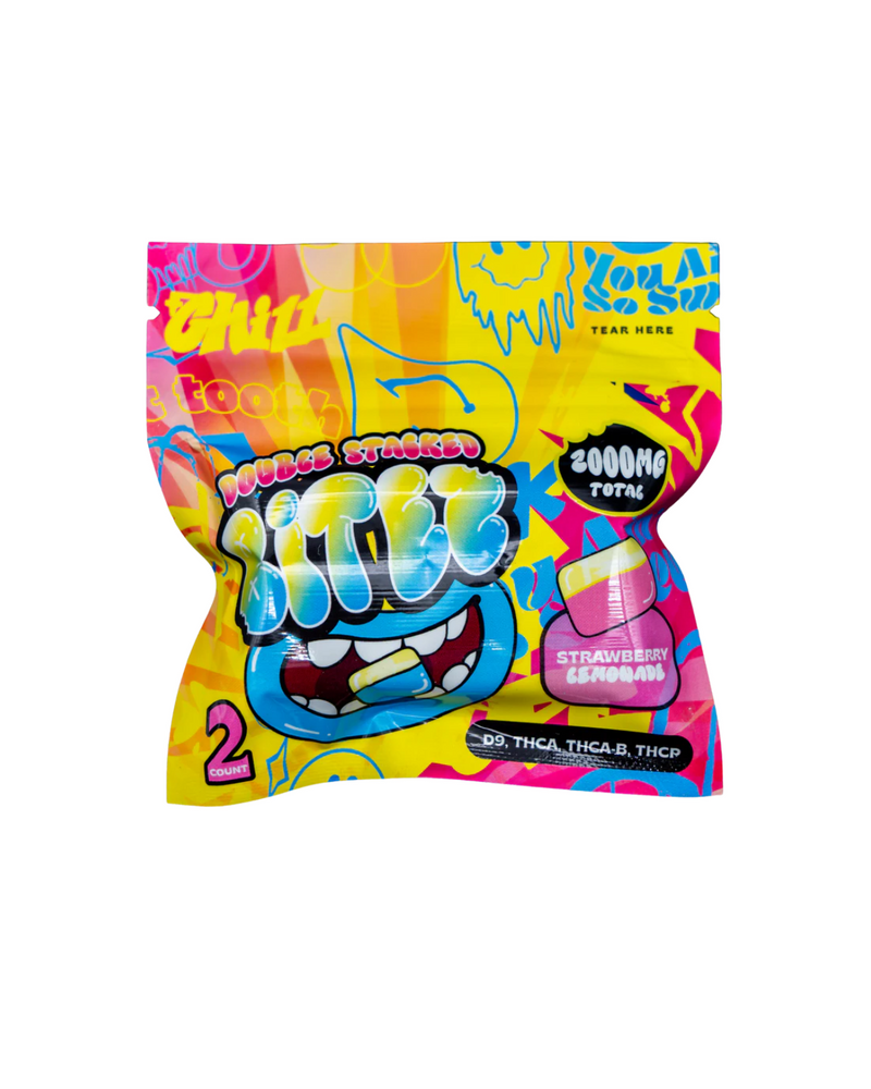 The vibrant packaging of "Ocho Extracts Bitez Gummies 2ct" features a playful cartoon face with bold colors. Each pack, labeled "Strawberry Lemonade," contains 2000MG of Delta-9 THC in the form of two potent gummies designed to enhance your experience.