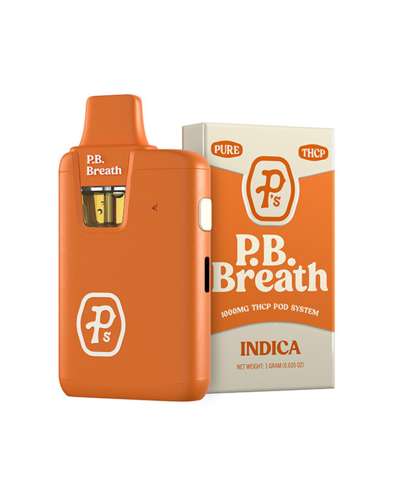 Orange vape device and packaging featuring the "Pushin P's" branding, identified as a disposable vape pod system with "P.B. Breath" flavor, indica type, and containing 1000mg concentration derived from US-grown hemp.