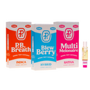 Three colorful Pushin P's Pure THC-P Vape Cartridges | 1g packages: red for P.B. Breath (Indica), blue for Blew Berry (Hybrid), and pink for Multi Melonaire (Sativa). A small vape cartridge is in front of the Sativa package, highlighting the purity of Pushin Ps THC-P.