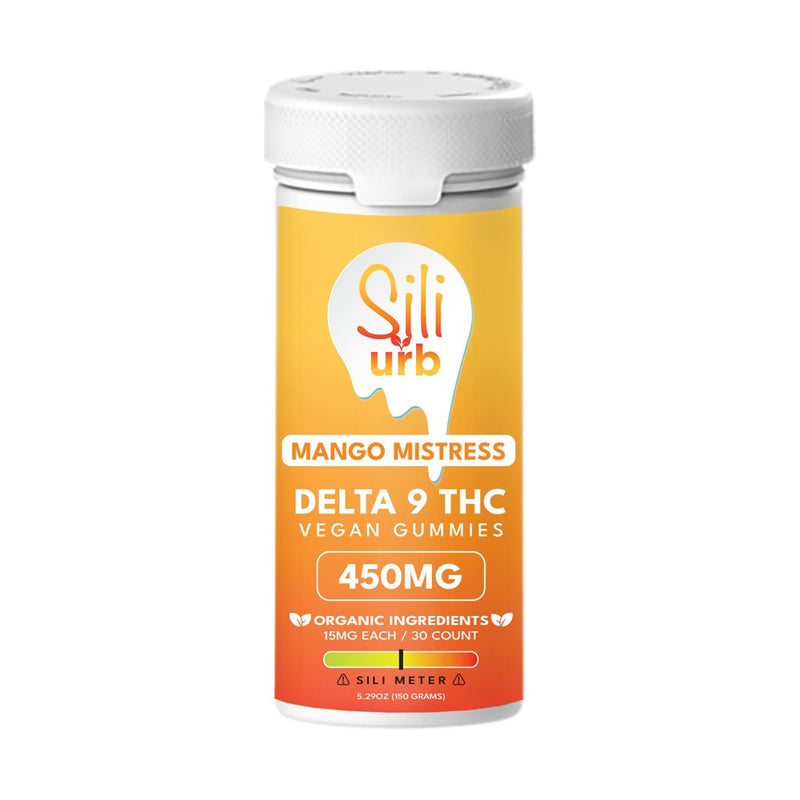 A white bottle labeled "Sili x Urb Delta 9 THC Gummies | 450mg" contains 30 vegan gummies, each with 15mg of organic ingredients, totaling 450mg of Urb THC.