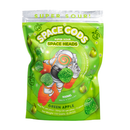A green package of "Space Gods Super Sour Space Heads Gummies," flavored green apple, featuring an astronaut image and the text "900mg" and "Delta 9 THC + CBD." Net weight: 150 grams (5.29 oz).