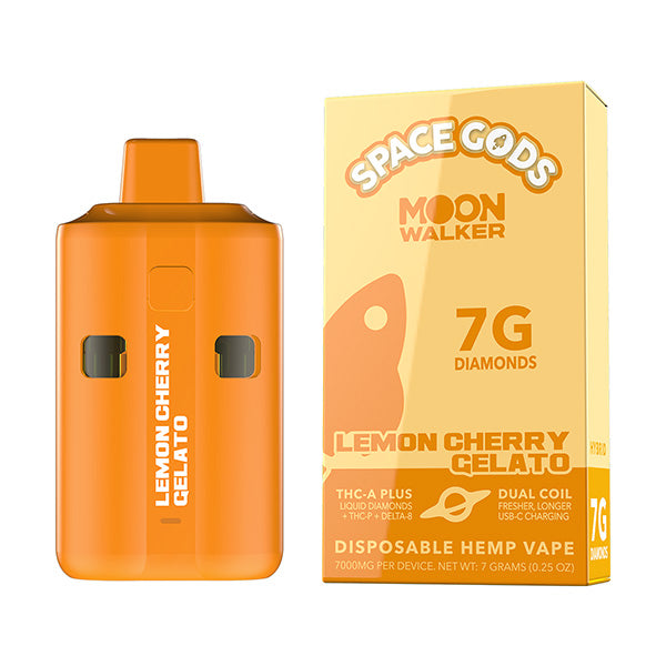 Image of the Space Gods Moon Walker Disposable, a lemon cherry gelato flavored hemp vape from Space Gods, containing 7 grams of potent THCA liquid diamonds with a dual coil design and a USB-C charging port.