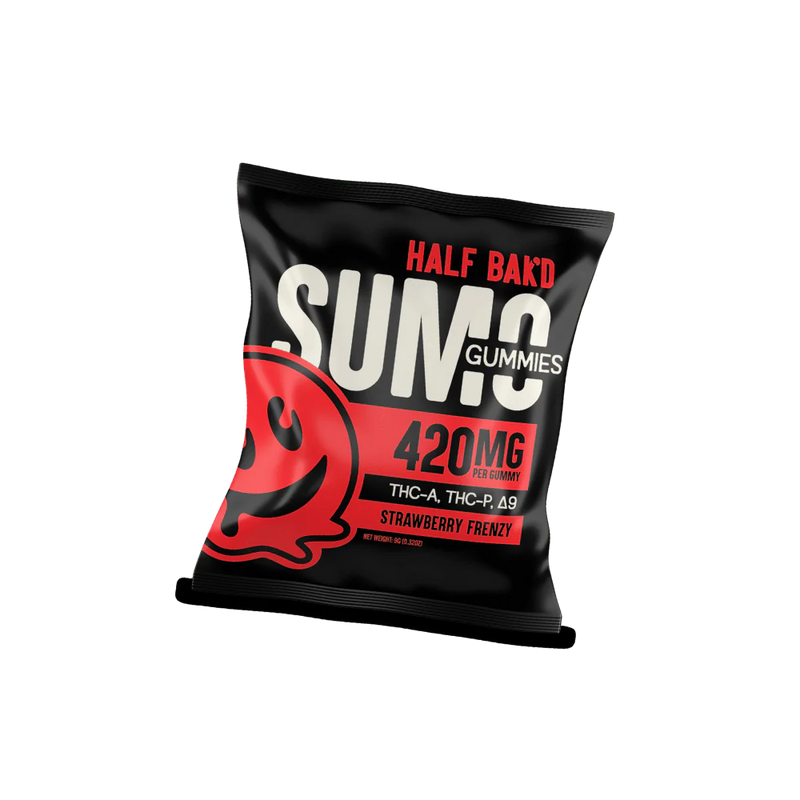 Enjoy the Half Bak'd Sumo Gummies in Strawberry Frenzy flavor, providing a potent 420mg cannabinoids per gummy blend of THC-A, THC-P, and Delta-8. Each package, featuring a large smiling face design, contains 2 gummies.
