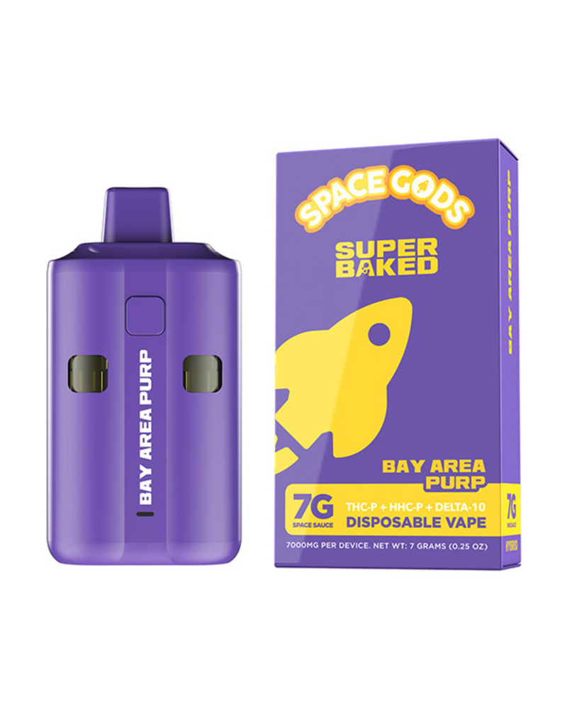 A purple disposable vape pen labeled "Space Gods' THC-P Super Baked" is showcased next to a yellow and purple box branded as "Space Gods Super Baked." The packaging, adorned with a rocket design, emphasizes the 7g premium disposables crafted for exceptional enjoyment.