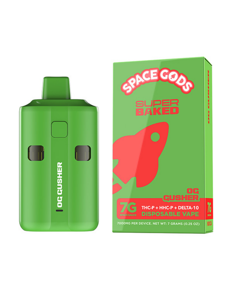 A green disposable vape device is placed next to a vibrant box labeled "Space Gods Super Baked Disposable | 7g," showcasing an infusion of Delta 10 THC, HHC-P, and THC-P for an otherworldly experience.