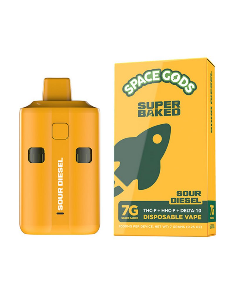 The Space Gods Super Baked Disposable, offered by Space Gods, comes in sleek packaging and delivers an otherworldly experience with its infusion of 7 grams of THC-P, HHC-P, and Delta-10 THC.