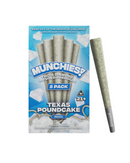 Package containing five "Delta Munchies THC-A Diamond Infused Prerolls | 5pk" labeled "Texas Poundcake," with one preroll displayed outside the box. Crafted from premium quality American hemp, this product is for ages 21 and up.