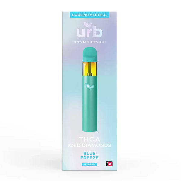 A teal Urb 3g THC-A Iced Diamonds Disposable Vape with the label "Urb" on the box. Text on the package reads "Cooling Menthol," "THCA Live Diamonds," "Blue Freeze," and "Hybrid." The disposable vape has a yellow-tinted window and promises refreshing fruity terpenes.