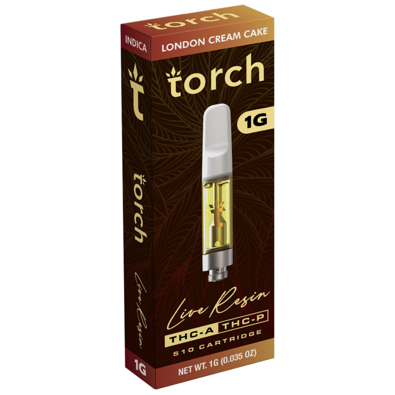 Packaging of a 1-gram Torch Live Resin Cartridge labeled "London Cream Cake," featuring indica, live resin, and THCa THC-P. The premium 510 cartridge design from the brand Torch displays brown, red, and gold colors with elegant leaf patterns.