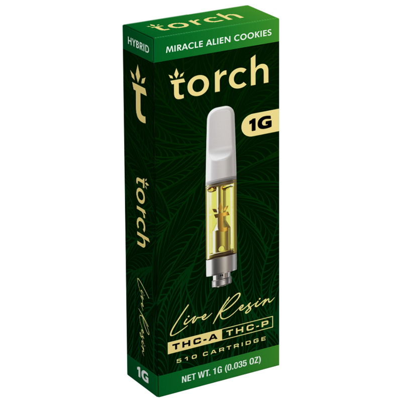 Image of a Torch Live Resin Cartridge in the "Miracle Alien Cookies" flavor, labeled as hybrid. The green packaging with gold accents contains a 1-gram THC-A cartridge featuring Live Resin Diamonds by Torch.