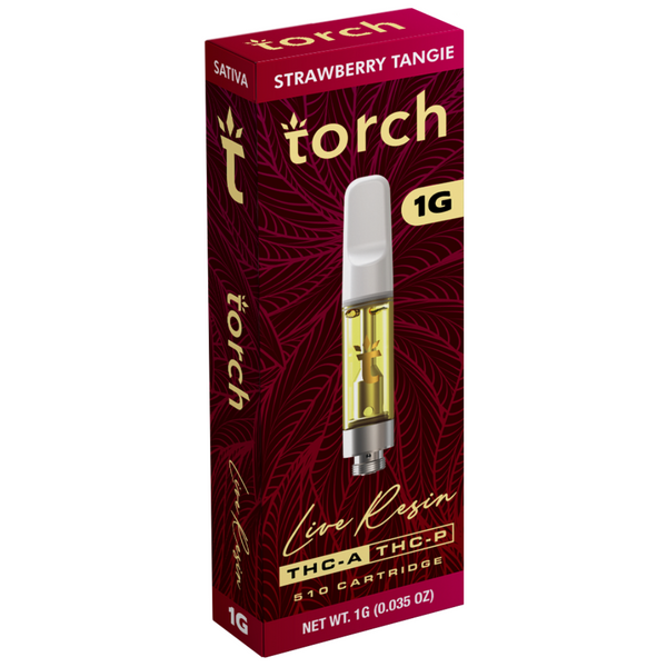 Box of Torch Live Resin Cartridge, labeled "Strawberry Tangie," displaying the live resin diamonds cartridge through a clear window. The box indicates it contains 1 gram and is enriched with THCA and THC-P.