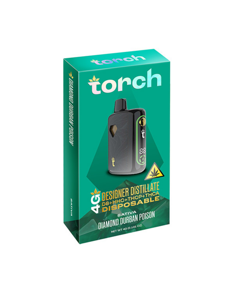 The Torch Designer Distillate Disposable | 4g features a sleek black vape device infused with THC-A and a live resin blend. The strain, "Diamond Durban Poison," ensures a premium vaping experience.