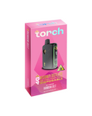 A "Rainbow Belt" 4g Torch Designer Distillate Disposable THC vaporizer in a pink box, featuring a live resin blend.