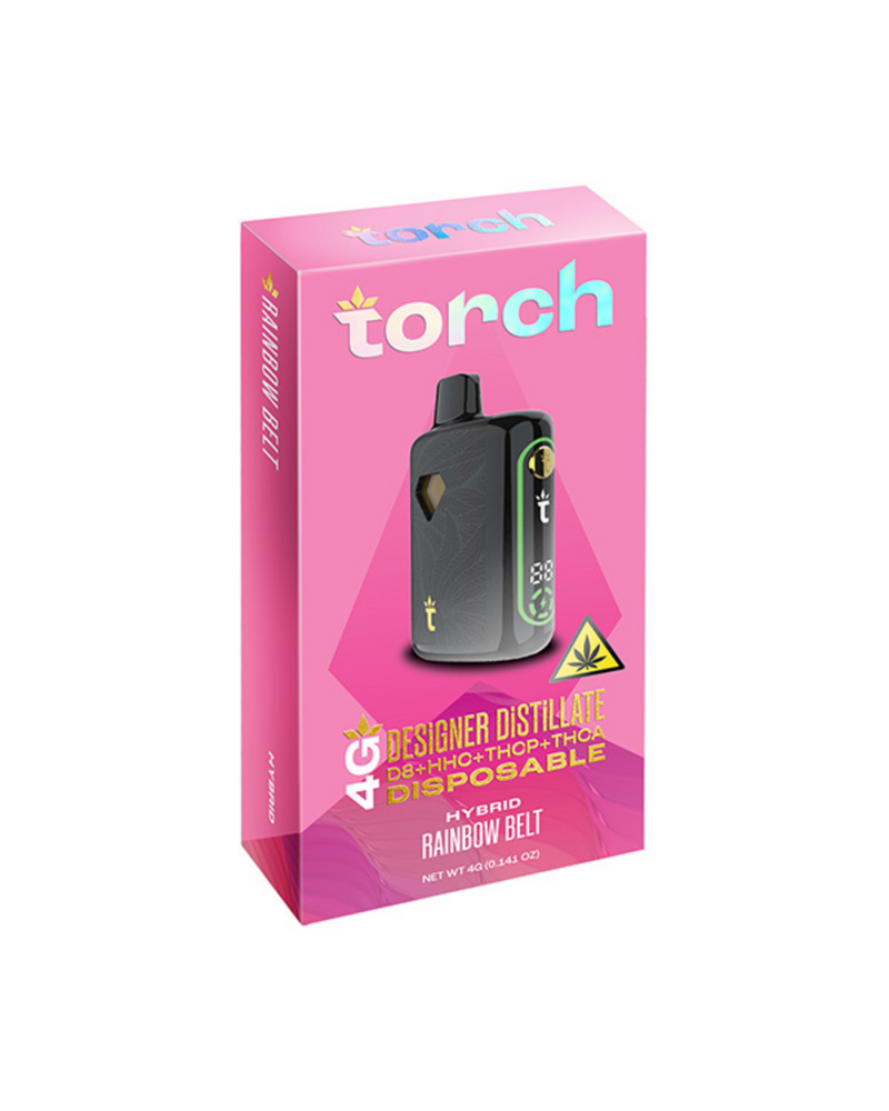 A "Rainbow Belt" 4g Torch Designer Distillate Disposable THC vaporizer in a pink box, featuring a live resin blend.