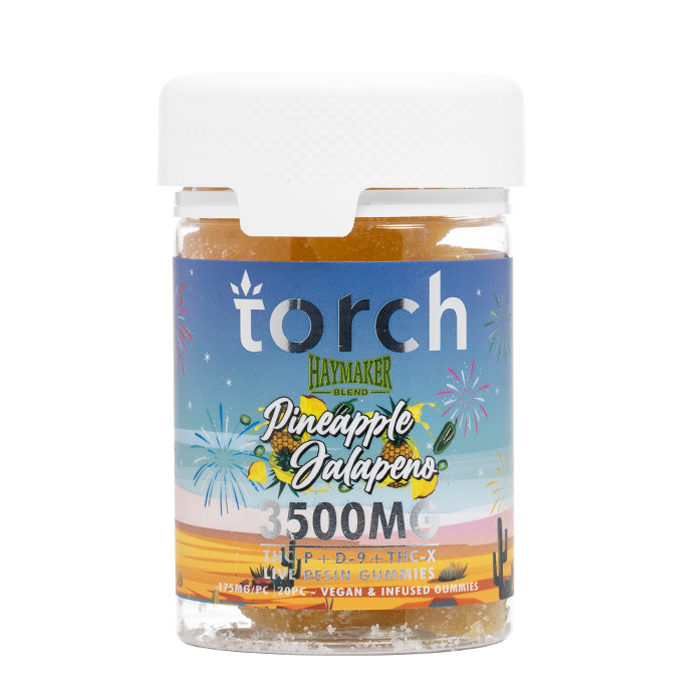 A clear jar of Torch Haymaker Blend Gummies from the brand Torch, featuring a tantalizing Pineapple Jalapeno flavor and infused with a THC-P Delta-9 THC blend, is labeled with 3500mg of total THC.