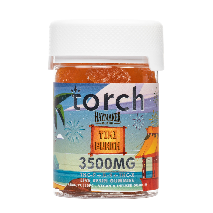 The Torch Haymaker Blend Gummies by Torch offer a powerful 3500mg THC-P Delta-9 THC blend in the "Tiki Punch" flavor, all contained within a jar featuring a lively tropical-themed design.