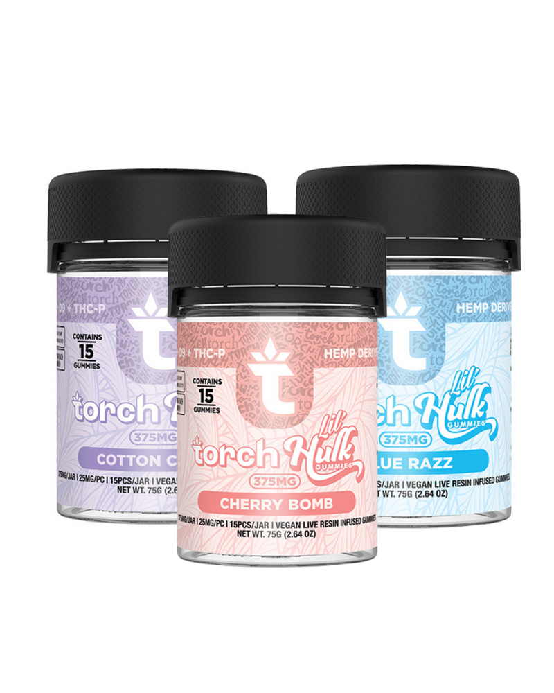 Three jars of Torch Lil Hulk Gummies 15ct | 375mg by Torch are showcased in Cotton Candy, Cherry Bomb, and Blue Razz flavors, each infused with live resin and Delta 9.