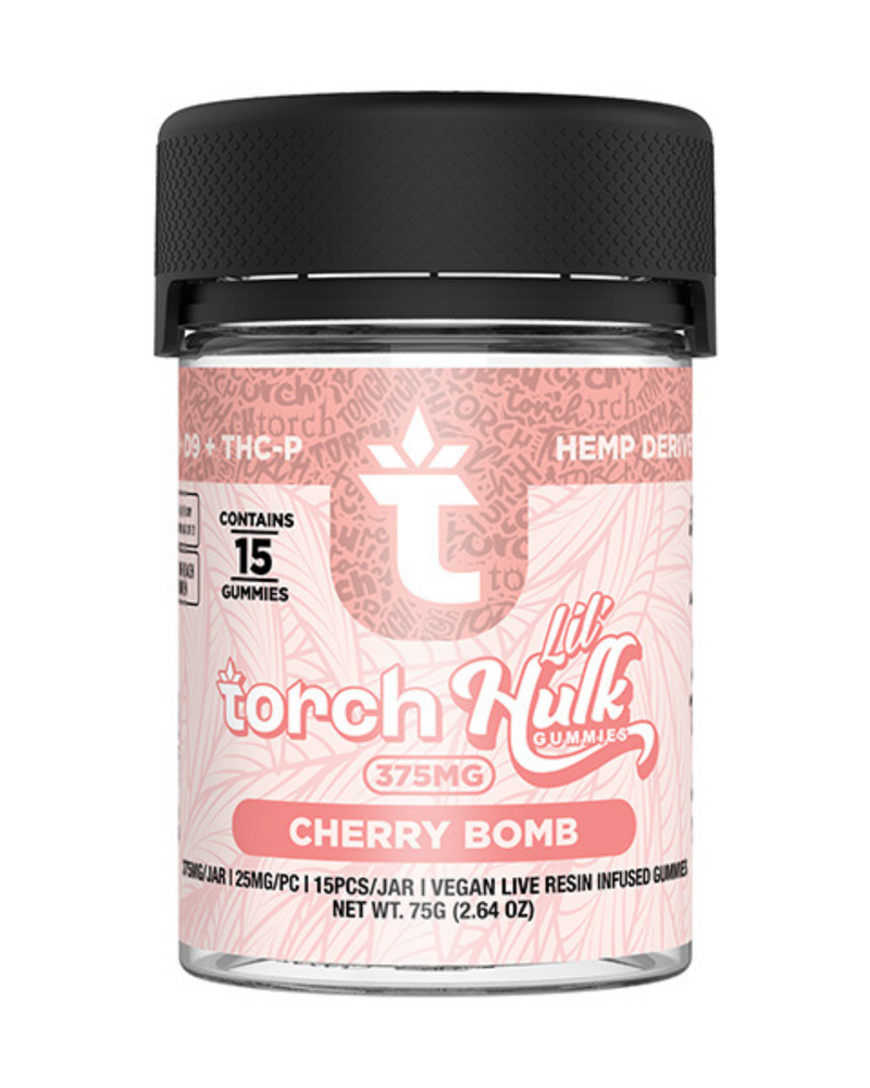 The Torch Lil Hulk Gummies 15ct pack delivers a flavorful cherry bomb experience with 375mg of live resin-infused goodness in each vegan piece.