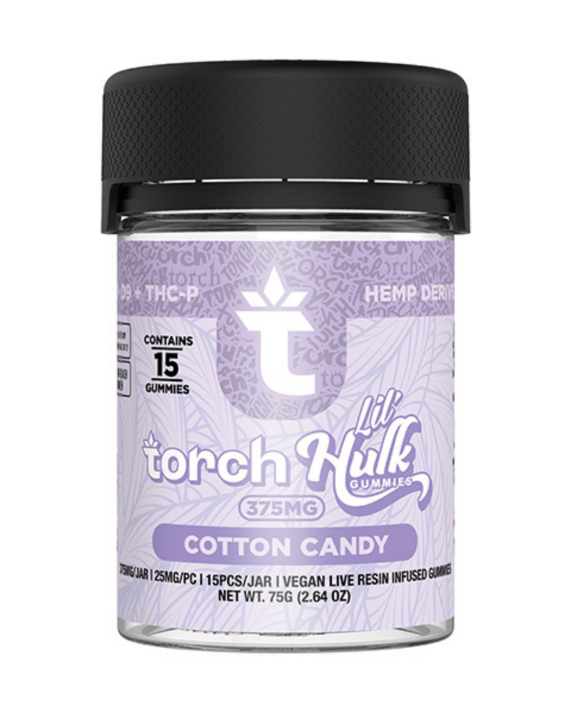 The Torch Lil Hulk Gummies are cotton candy-flavored Delta 9 edibles with 15 pieces totaling 375mg. They come in vibrant purple packaging with a black lid, and the net weight is 75g (2.64 oz).