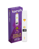 The purple "Torch" box includes a Torch THC-A VVS Diamond Blend 1g Indica disposable vape pen, labeled "Purple Urkle," featuring a digital display with yellow geometric designs, highlighting its premium hemp-derived quality.