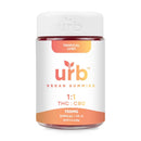 A bottle of Urb 1:1 THC CBD Gummies labeled "Tropical Lush" contains 25 calming and relaxing pieces with a ratio of 1:1 THC to CBD, offering 30mg per piece and totaling 750mg.