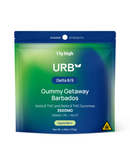 Urb Delta 8/9 Gummies by Urb come in a blue and green pouch labeled "Gummy Getaway Barbados" with apple berri flavor, featuring potent live resin Delta 8 and Delta 9 THC; 35 gummies per bag, total 3500mg.