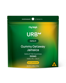 Urb Delta 9 THC Gummies by Urb come in a green and yellow resealable bag labeled "Gummy Getaway Jamaica," containing 35 vegan kiwi lemonade gummies infused with Delta 9 THC, for a total of 350mg.